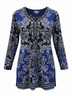 JM Collection Blue and Black Paisley V‑Neck Tunic with Bead Trim